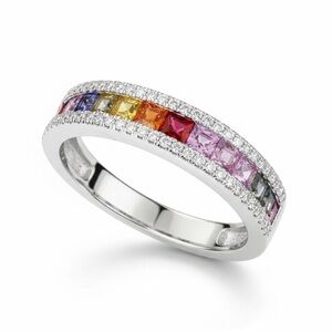 White Gold Multicolor Gemstone Ring Size 7